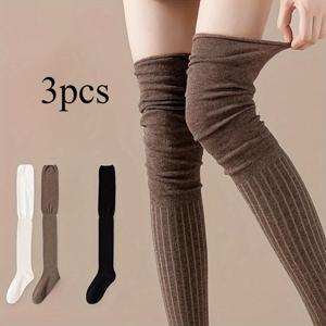 TEMU 여성용 우아한 OTK(오버 더 키니) 허벅지 길이 스타킹 3켤레 - 부드럽고 신축성 있는 레그 워머, 브라운 색상의 세로 - 캐주얼 및 포멀한 의상에 다용도 - 손세탁 가능 - 가을/겨울 시즌에 적합 - 우아하고 편안한 디자인