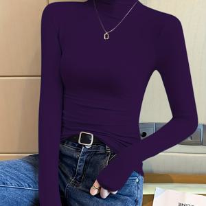 TEMU 여성용 우아한 솔리드 퍼플 하이넥 탑 - 긴소매 겨울 베이스 레이어 셔츠, 미디엄 스트레치 논블라우스, 세탁기 사용 가능, 가을 & 추운 날씨 필수 아이템, 드레스/수트/재킷 레이어링용