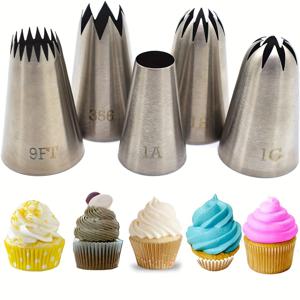 TEMU 5개 세트, 케이크 컵케이크 장식을 위한 파이핑 팁 세트, 스테인리스 스틸 아이싱 파이핑 노즐, 크림 장미 꽃 머랭 쿠키 장식을 위한 5가지 장식 팁, # 9FT 356 1C 1E 1A, 베이킹 도구, 주방 기구