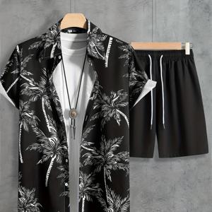 TEMU 코코넛 트리 프린트, 남성 2개 의상, 캐주얼 캠프 칼라 라펠 버튼업 반팔 셔츠 하와이 셔츠 및 드로스트링 반바지 세트, 남성복
