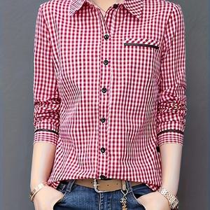 TEMU 레드 & 화이트 체크 셔츠 재킷 - 반팔 칼라 , 버튼 프론트 플래킷 & 가슴 포켓, 봄 여름 캐주얼에서 드레시웨어까지, 세탁기 사용 가능한 클래식 버튼업 룩
