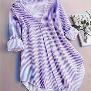 TEMU 프린트 버튼 프론트 블라우스, 봄과 가을을 위한 캐주얼 롱 슬리브 블라우스, 여성 의류