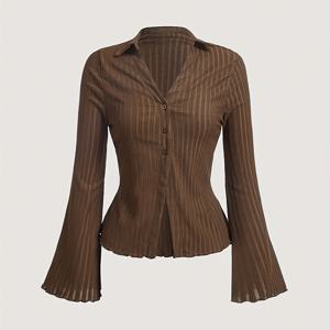 TEMU Y2K 여성용 브라운 벨 슬리브 웨이브 트림 블라우스 - 버튼 프론트 카디건 스타일 셔츠, 기계 세탁 가능한 솔리드 컬러 탑, 사계절 착용 가능, 우아한 롱슬리브 버튼 블라우스, 플로럴 칼라 디자인, 고품질 제작