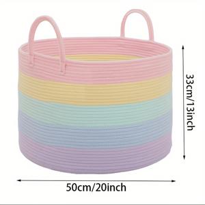 TEMU 손잡이가 있는 무지개 로프 수납 바구니 1개 - 빨래, 장난감 및 장식을 위한 컬러풀 라운드 오거나이저, 핑크, 옐로우, 그린, 블루, 퍼플, 화이트, 세탁바구니|빨래바구니
