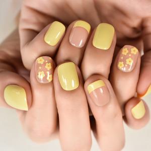 TEMU 꽃무늬 디자인이 있는 옐로우 프레스온 네일 팁 - 글로시 스퀘어 모양, 짧은 길이, ABS 소재, 프렌치 스타일, 매니큐어 & 페디큐어, 네일 아트, 네일 데코에 적합