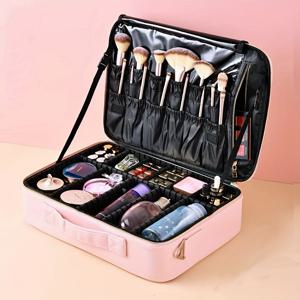 TEMU 브러시 홀더가 있는 대용량 휴대용 메이크업 백 - 블랙, 여행용 전문 화장품 정리함, 바탕화면, 립스틱, 아이섀도우, 네일 폴리시용 조절 가능한 구획, 메이크업 여행 백