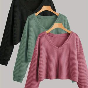 TEMU 3pcs 플러스 사이즈 단색 V넥 풀오버 스웨트셔츠, 가을 & 겨울 캐주얼 롱슬리브 크롭탑, 여성 플러스 사이즈 의류