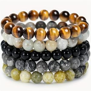 TEMU 천연 핑크 얼룩말 자갈 보석 5구슬 레트로 팔찌 - 천연 무코팅 구슬, 자연스러운 변화, 캐주얼 복장, 8mm 라운드 구슬, 캐주얼 & 드레시 의상용 5구슬 체인, 사계절 액세서리 5개 세트