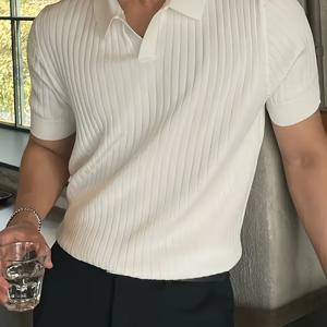 TEMU 2024년 신상 남성용 소형 홀 반팔 폴로 셔츠 니트 스웨터 - 베이지, 중간 스트레치, 단색, 레귤러 핏, 사계절 캐주얼 웨어, 스타일, 니트 제작, 스웨터 조끼|반팔셔츠