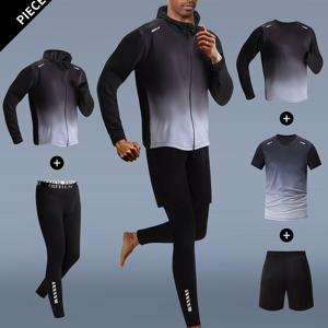 TEMU 5개 맨즈 운동복 세트, 긴팔 후드 집업 재킷, 스키니 핏, 약간의 스트레치가 있는 올 시즌 니트 폴리에스테르, 크루 넥, 옴브레 패턴, 반바지 & 티셔츠 포함