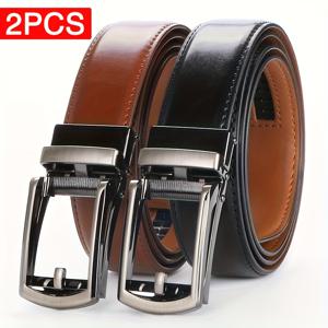 TEMU 2개입 남성용 자동 버클 소가죽 드레스 벨트 - 헤비 듀티 라쳇 기계식, 골드 톤 버클 & 라쳇 기계식, 정품 소가죽 느낌, 포멀 & 캐주얼 복장 - 비즈니스, 웨딩, 일상 사용 - 내구성 좋은 스타일리시 남성용 벨트