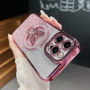 TEMU 아이폰 16 15 11 12 13 14 프로 맥스 플러스용 패션 걸 글리터 투명 자석 케이스 무선 충전 폰 나비 홀더 스탠드 커버
