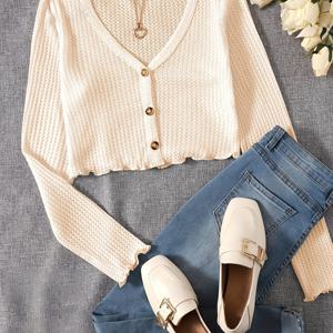 TEMU 저우 메이 링 여성 니트 V넥 레터스 엣지 긴팔 버튼업 셔츠 (폴리에스테르 블렌드, 캐주얼 스타일, 모든 계절)