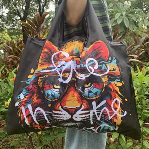 TEMU 대형 고품질 나일론 토트백 - 재사용 가능, 접이식 쇼핑 핸드백, 예술적인 고양이 디자인 & 