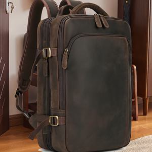 TEMU 남성용 정품 가죽 백팩 - 대용량 확장형 17인치 빈티지 소가죽 서류가방 & 여행용 가방, 상단 수납공간, 다목적 내구성 러커백, 비즈니스 & 캐주얼용, 남성에게 적합|남자가방|남자서류가방|가죽가방