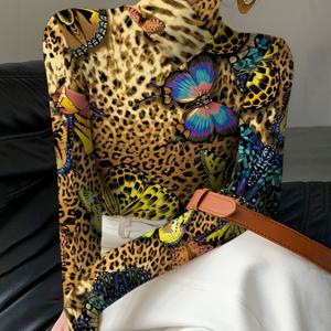 TEMU 여성용 섹시하고 우아한 나비 프린트 긴팔 터틀넥 탑 - 신축성 있는 중간 무게 가을 겨울 셔츠, 생생한 디지털 프린트, 기계 세탁 가능, 캐주얼 및 정장용 레귤러 핏, 계절별 옷장, 대담한 패턴, 편안한 소재, 패션 애호가를 위한 프린트 블라우스