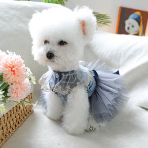 TEMU 1pc 강아지 드레스 크라운 포함 - 손세탁 가능 니트 폴리에스터 강아지 치마 스냅 버튼 클로저 포함 소형견용 - 올 시즌 블루 벨벳 튤 드레스 강아지용