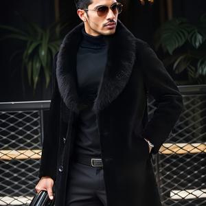 TEMU 남성 패션 캐주얼 비즈니스 파티 보리 칼라 블랙 인조 퍼 겨울 코트, 플러시 코트, 인조 토끼 퍼, 편안하고 부드러운 따뜻한 롱 코트