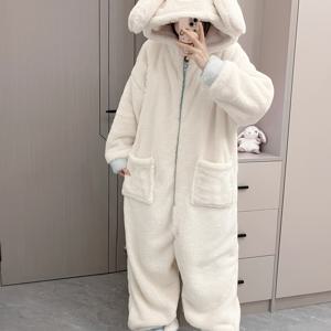 TEMU 1pc 겨울 따뜻함 여성용 후드 롤러 - 100% 폴리에스테르 코랄 플리스 원피스 잠옷, 지퍼, 단색, 니트 소재, 파티 스타일, 성인 크기, 두꺼운 플러시 긴팔 루즈웨어