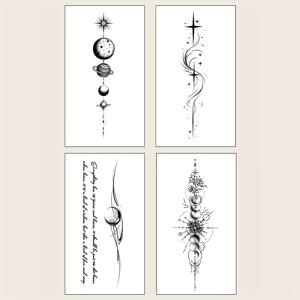 TEMU 4pcs 블랙 행성 빛 크레센트 스크립트 단어 패턴 콤보, 남녀 공용 대형 꽃 팔 어깨 목 어깨 가슴 등 몸에 임시 방수 타투 스티커, STARTTOOS 타원형 모양