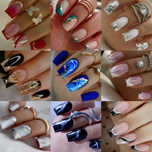 TEMU 216개 포함된 다양한 색상이 있는 분리 가능한 상자에 포함된 미디엄 길이 유럽 스퀘어 네일 스티커 세트. 스타일리시하고 아름다운 혼합입니다.