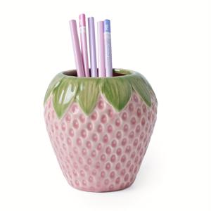 TEMU 딸기 세라믹 펜 홀더 | 아이스 크랙 글레이즈의 다기능 데스크탑 정리함, 펜 및 메이크업 브러쉬 보관, 녹 방지 및 경량, 사무실 및 홈 데코에 적합