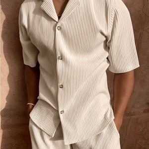 TEMU 2pcs 남성용 여름 캐주얼 폴리에스터 세트, 드로스트링 팬츠 포함, 반팔 셔츠, 일상 및 비치웨어용 레귤러 핏, 단색