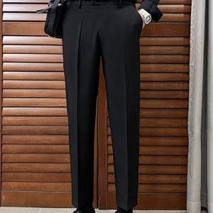 TEMU 【경량 디자인】 남성용 슬림핏 캐주얼 비즈니스 정장 바지 - 스타일리시한 솔리드 블랙, 경량 폴리에스터, 레그 디자인, 사무실 또는 반정장 착용에 완벽함, 비즈니스 캐주얼 팬츠 | 모던 테일러드 트라우저 | 노치 라펠 스타일