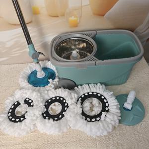 TEMU 대형 걸레와 청소통 세트, 4개의 걸레 및 2개의 교체용 헤드 포함, 가정용 걸레 버킷 세트, 회전 가능, 손세탁 무료, 자동 건조, 욕실, 거실, 주방, 방에 필수적인 홈 무스-헤브