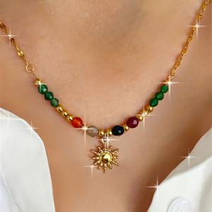 TEMU 316L 스테인리스 스틸 선 펜던트 목걸이 - 터키석, 카넬리언 & 레드 비즈, 골든톤 체인, 남녀공용 보홀릭 멀티레이어 비즈 디자인, 캐주얼/포멀 액세서리, 내구성 있는 비즈 구조