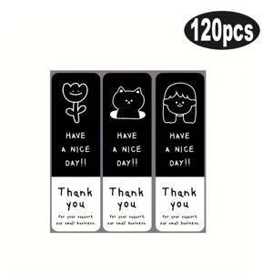 TEMU 120개 자체 접착 감사 스티커 | 블랙 & 화이트 만화 디자인의 꽃, 고양이 및 인간 얼굴 | 선물 포장 및 소규모 비즈니스용 다용도 종이 봉인 라벨 | 일상 사용에 이상적, 소규모 비즈니스 태그 | 아트워크 | 접착 스티커, 귀여운 스티커