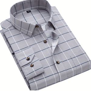 TEMU 남성용 슬림핏 긴팔 셔츠 - 연한 파란색 체크무늬, 사각형 칼라, 봄/가을용 버튼업 캐주얼 셔츠, 캐주얼 의상에 다용도, 다용도 남성복 | 모던 캐주얼 셔츠 | 스타일리시한 버튼업, 긴팔 셔츠