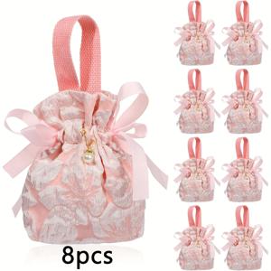 TEMU 8개의 작은 꽃 선물 가방, 패브릭, 분홍색, 손잡이가 달린 티 파티 선물 가방, 미니 끈 선물 주머니, 신부 샤워, 생일, 결혼식용