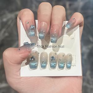 TEMU 10개 발레 모양 프레스온 네일 - 아이스 블루 그라데이션 반짝이는 합성 보석 & 나비 라인스톤 장식, 여성용 긴 아몬드 인조 손톱, 봄 여름 우아한 매니큐어, 모든 연령대용, 발레 네일, 여름 네일 아트, 핸드크래프트 네일