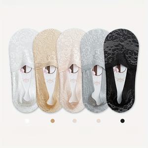 TEMU 5쌍 여성용 봄 여름 자카드 레이스 스타킹 - 미끄럼 방지 떨어지지 않는 굽, 얇은 얕은 인비저블 양말, 기하학적 꽃무늬 패턴, 캐주얼 & 포멀 웨어 다용도 스타킹, 우아한 디자인, 편안한 착용감, 세련된 여성용