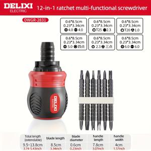TEMU DELIXI 전기 12-in-1 래칫 스크루드라이버 세트, 십자형/슬롯형/매화형/사각형 다중 드릴 비트 짧은 손잡이 스크루드라이버 핸드 툴, CR-V 강철 자석 드릴 비트, 길이 조절 가능, 작은 공간 수리용