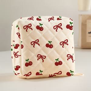 TEMU 체리와 리본 프린트 퀼트 포켓 - 이어폰, 소형 액세서리, 여성용 필수품을 위한 대용량 정리함, 폴리에스터 소재, 액세서리 보관|퀼트 텍스처|지퍼 클로저, 여성용 포켓