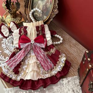 TEMU 골드 금박 트림 & 러플 칼라가 있는 핸드메이드 오트쿠튀르 애완동물 드레스 - 버건디 & 화이트 레이스 같은 소형 견종 및 고양이용 의상 (치와와, 포메라니안, 시츄) - 결혼식, 파티, 사진 촬영용 코스튬 - 세탁기 사용 가능