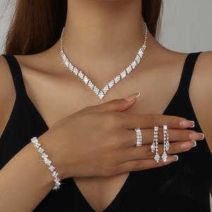 TEMU 스타일리시 라인스톤 주얼리 세트: 목걸이, 팔찌, 귀걸이 & 반지 - 신부용 우아한 웨딩 액세서리, 특별한 행사, 고급 도금 마감, 패션 러버를 위한 화려한 디자인