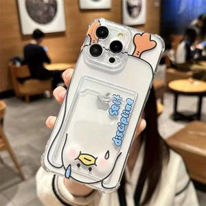 TEMU 아이폰 16, 16 프로 맥스, 15 프로, 15 프로 맥스, 14, 14 프로 맥스, 13, 12, XS 맥스, XR용 귀여운 카툰 충격 방지 보호 커버 - 아기자기한 뒤집힌 오리 사진 삽입 카드 홀더 폰 케이스