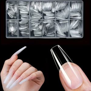 TEMU 하트 모양 코핀 젤 네일 팁, 600개 긴 투명 아크릴 인조 손톱 풀 커버리지, 젤 연장 및 프레스온 매니큐어에 적합|네일팁