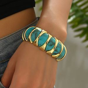 TEMU 여성용 빈티지 스트레치 레진 팔찌 - 터키석 & 골드톤 악센트가 있는 불규칙한 스네이크 체인 디자인, 일상 및 파티 착용을 위한 코팅된 내구성 주얼리, 사계절 액세서리