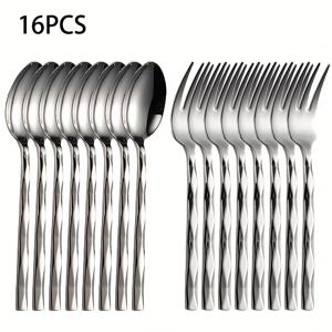 TEMU 16개 세트의 스테인레스 스틸 디저트 포크 및 숟가루 세트, 패턴, 작은 포크, 작은 커피 숟가루, 디저트 수프 숟가루, 설탕, 과일, , 밀에 적합한 혼합용