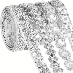 TEMU 4개입 자가 점착 라인스톤 리본 - 4야드 라인스톤 롤 블링 리본, 반짝이는 , 핑크색, 가정, 의류, 주얼리 제작, 웨딩 장식용