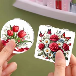 TEMU 4개 아트 페인팅 미러 세트, 불규칙 및 라운드 , 휴대용 접이식 지갑 거울, 발렌타인데이 또는 어머니날을 위한 완벽한 선물