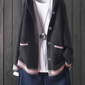 TEMU 플러스 사이즈, 2025 신상 여성용 플러스사이즈 후드 카디건 - 오버사이즈 릴랙스핏 컬러블록 긴팔 버튼 프론트 스웨터 코트 (사각 포켓 포함), 가을 겨울 캐주얼 아우터웨어, 귀여운 레이어링 아이템, 편안한 착용감