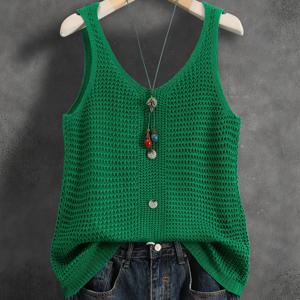 TEMU 여성용 캐주얼 조끼 - 단추 프론트, 릴랙스 핏 라운드 넥 반투명 민소매 탑 봄 여름 가을 레이어링용, 솔리드 컬러 베르사틸 워드로브 스테이플, 슬리브리스 조끼, 계절 전환, 오픈워크 디테일, 섬세한 질감, 레이어링 피스, 트렌디 아웃핏