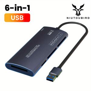 TEMU 니우투버드 6-in-1 다기능 카드 리더기 1개입. 카메라 및 컴퓨터용 Type C, SD, TF, XD, CF, M2 메모리 카드와 호환되는 USB 고속 데이터 전송 어댑터입니다. 플러그 앤 플레이 방식으로 배터리 불필요.