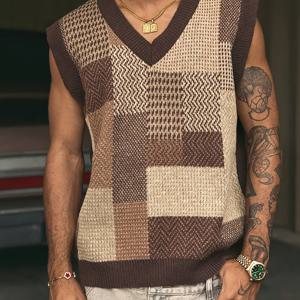 TEMU 남성 컬러블록 V넥 슬리브리스 니트 베스트 - 기하학적 패턴, 갈색 및 베이지, 루즈핏, 캐주얼 스트리트웨어 스타일, 올시즌 착용, 다용도 의류 | V넥 베스트 | 니트 구조, 스웨터 베스트