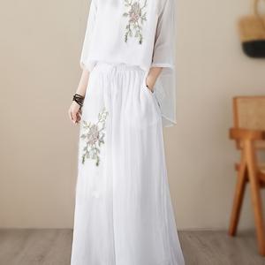 TEMU 2pcs 빈티지 자수 여성 여름 스ूट - 우아한 화이트 블라우스, 꽃 자수, 가벼운 와이드 레그 팬츠, 전 계절 캐주얼에서 반 정장 착용, 캐주얼 여름 착용 | 꽃 자수 블라우스 | 가벼운 원단|여름바지|여름블라우스